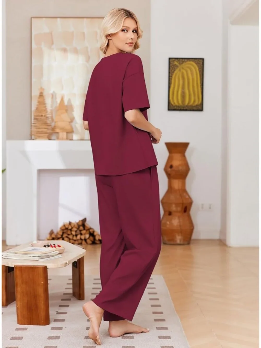 Women's Wine Cotton Short Sleeve Sleepwear Pant Pockets Pajama Set